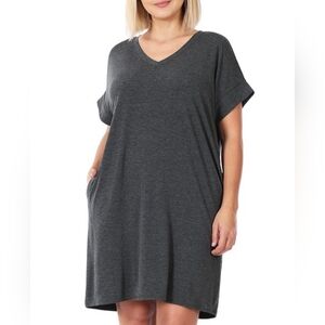 Zenana Plus Charcoal V-Neck Rolled Short Sleeve Dress with Pockets